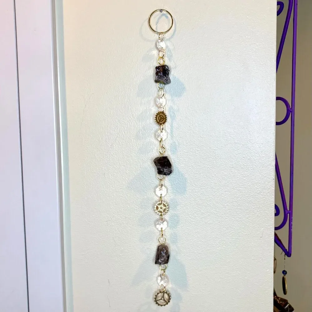 Raw Smoky Quartz Hanging | Steampunk Gear Charm | Grounding Stone Stress Relief